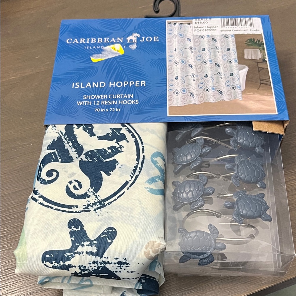 New! Caribbean Joe Blue and White Turtle Shower Curtain Set